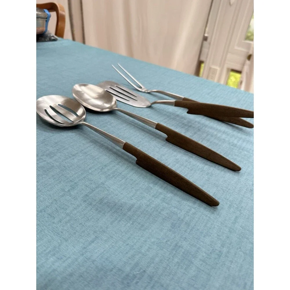 Vintage Ekco Eterna Serving Set Spoons Slotted & Solid, Turner & Fork MCM Japan